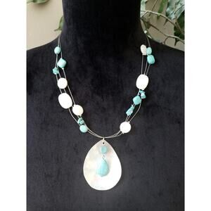 Womens 3 Strand Silver Tone Turquoise Blister Pearls Station Pendant Necklace
